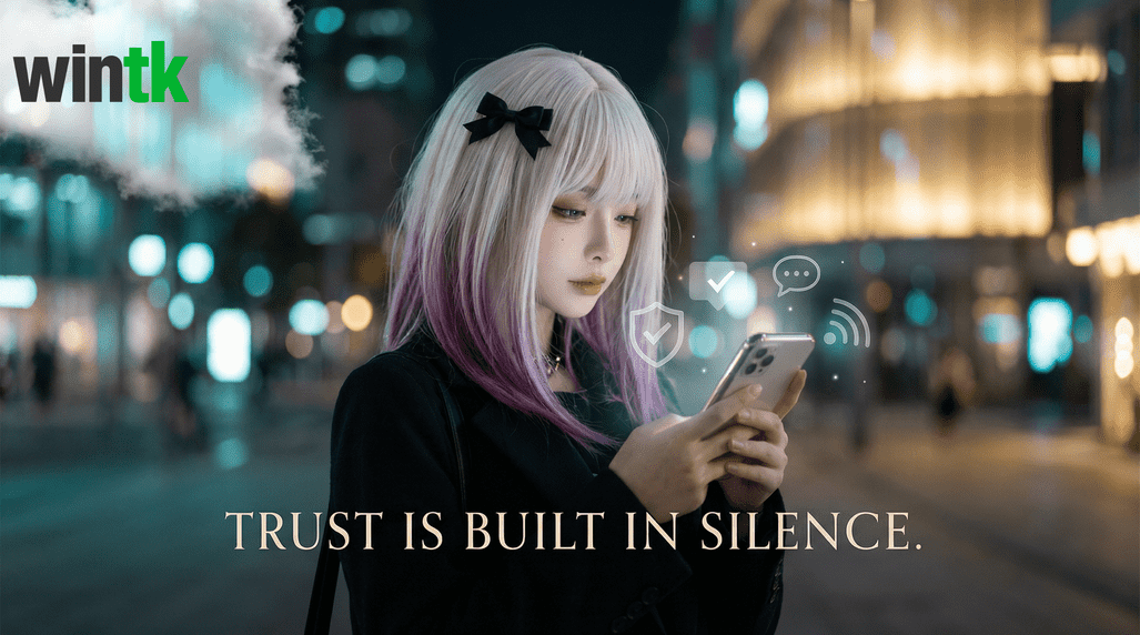 Editorial image showing a woman observing digital information on her phone in a calm urban environment at night.