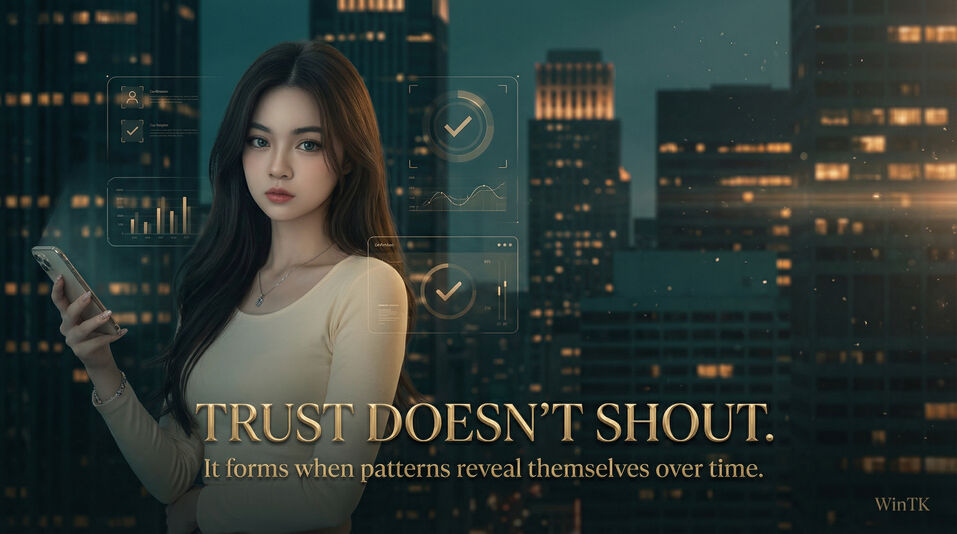 রাতে স্মার্টফোন ব্যবহার করা একজন নারীর দৃশ্য, যেখানে ডিজিটাল ইন্টারফেস উপাদানগুলো নীরবভাবে অনলাইন বিশ্বাস, যাচাইকরণ এবং স্বচ্ছতার প্রতীক হিসেবে দেখা যাচ্ছে।