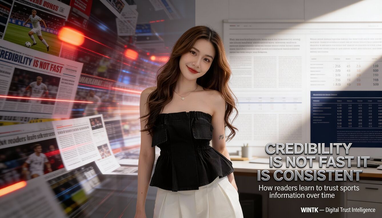 Editorial illustration showing a composed reader observing structured sports information, symbolizing how trust in online sports media builds through consistency and verification over time.