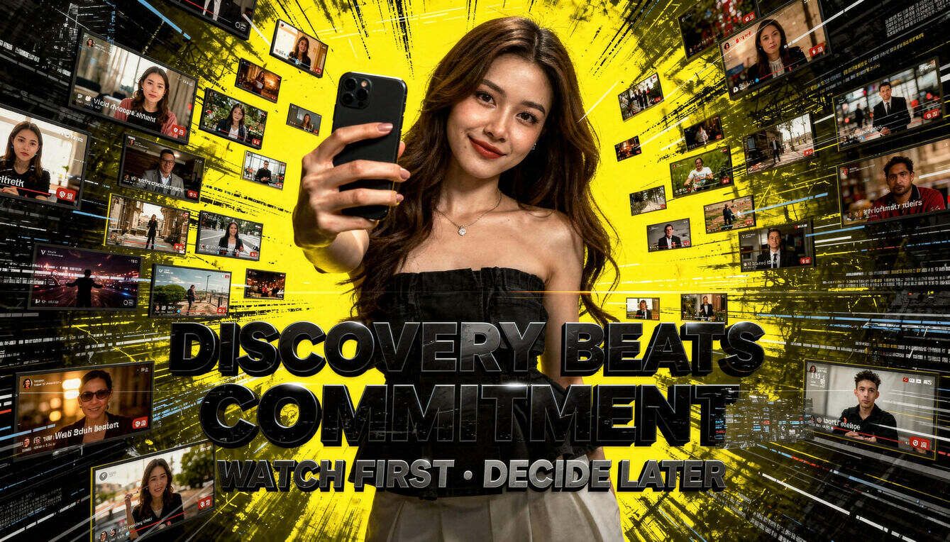 Illustration showing how short-form video encourages discovery over long-term commitment in modern entertainment