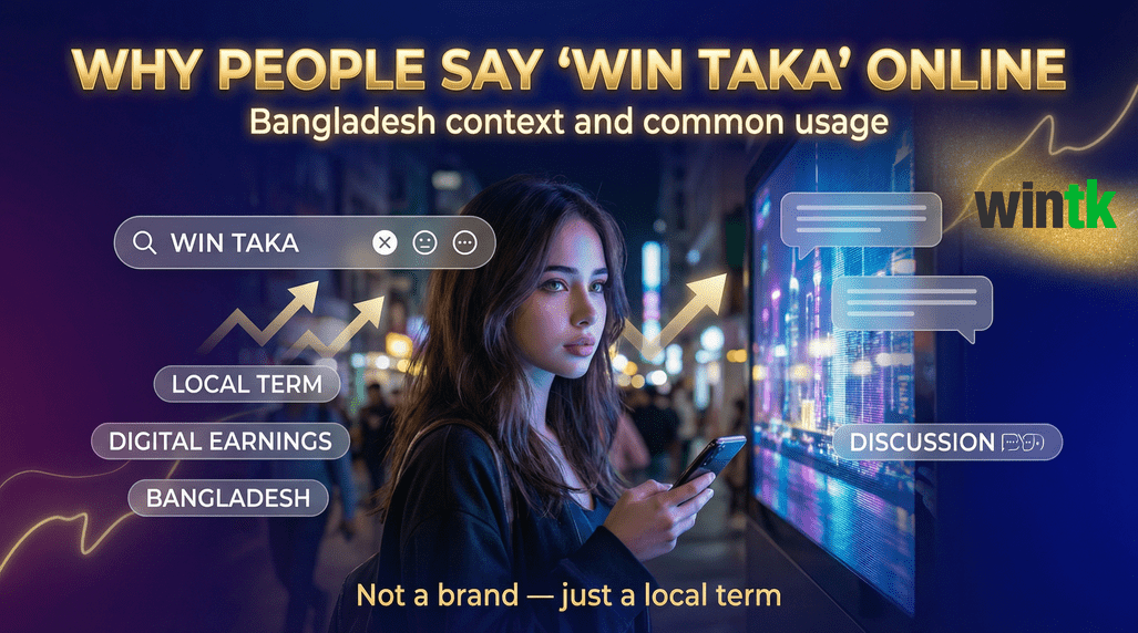 বাংলাদেশে অনলাইন আলোচনায় “Win Taka” শব্দটি কেন এবং কীভাবে ব্যবহার করা হয় তা তুলে ধরা একটি ভিজ্যুয়াল ব্যাখ্যা।