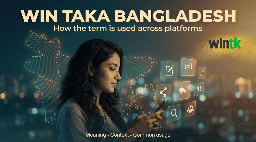A visual illustration showing how the term “Win Taka Bangladesh” is used across online platforms and digital discussions.