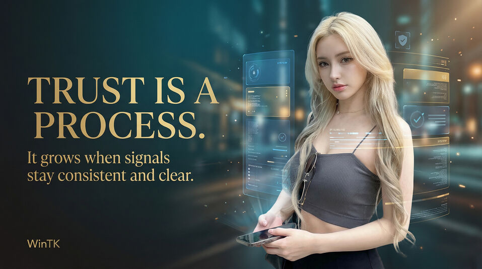 A woman holding a smartphone in a modern digital environment, representing how trust is built as a clear and consistent process over time.