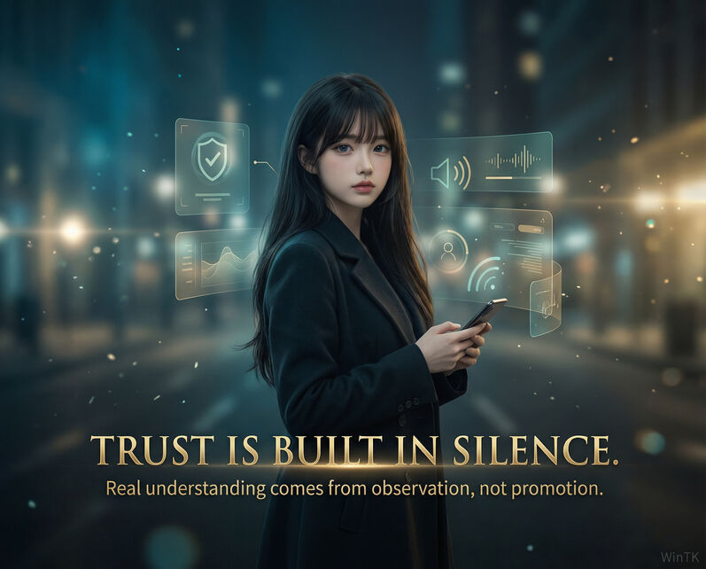 A woman calmly using a smartphone at night with abstract digital interface elements representing trust, verification, and online transparency.