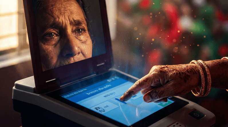Elderly Bangladeshi grandmother's hand with henna patterns pressing finger on glowing electronic voting machine screen during 2026 general election, symbolizing democracy and civic participation