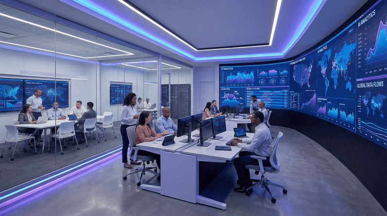 Enterprise technology command center with professionals working on AI analytics and cybersecurity dashboards displayed on large wall screens with blue ambient lighting