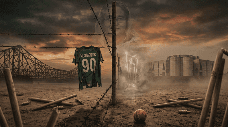 Mustafizur Rahman Bangladesh jersey number 90 hanging on barbed wire fence with India-Bangladesh border crisis backdrop Howrah Bridge Dhaka Parliament symbolizing cricket collateral damage diplomatic breakdown
