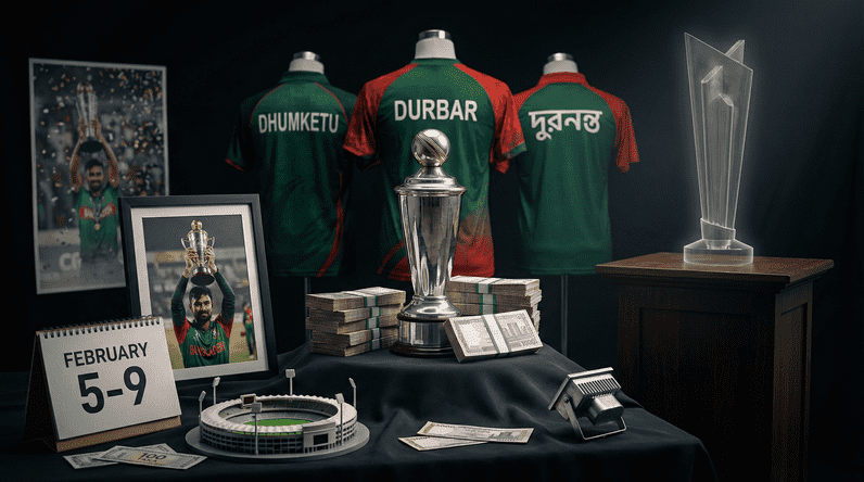 Domestic tournament trophy with 2.5 crore taka prize money three team jerseys and empty World Cup pedestal representing consolation tournament nobody wanted