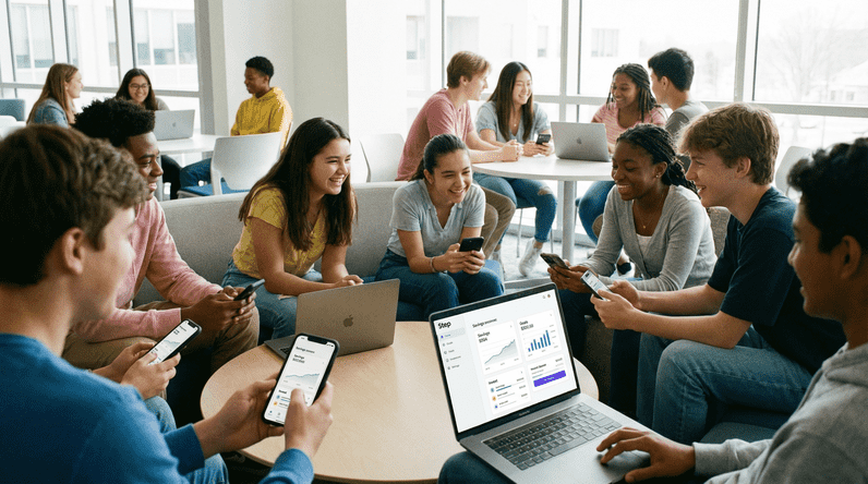 Diverse group of teenagers collaborating and learning about financial education using smartphones and laptops in modern bright space