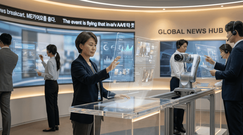 Editors and analysts in a modern newsroom reviewing AI-driven content and digital platform signals