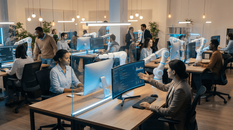 Hybrid human-AI workforce collaborating in modern tech office with professionals and robotic systems working together on digital transformation projects