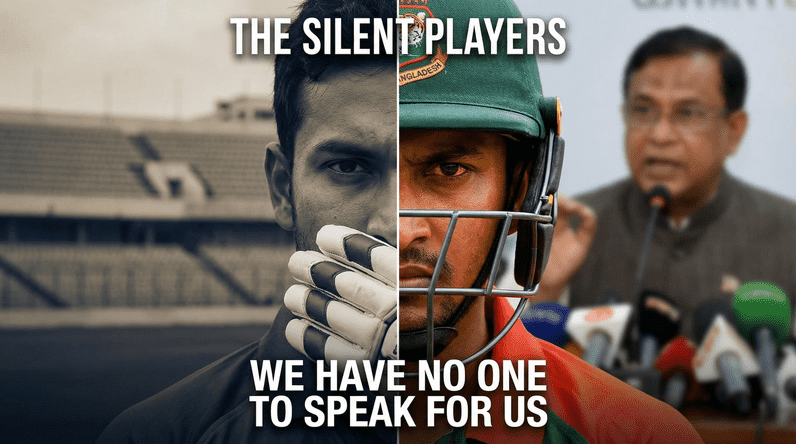 Bangladesh cricket players silenced with text "We Have No One To Speak For Us" representing voicelessness after T20 World Cup exclusion