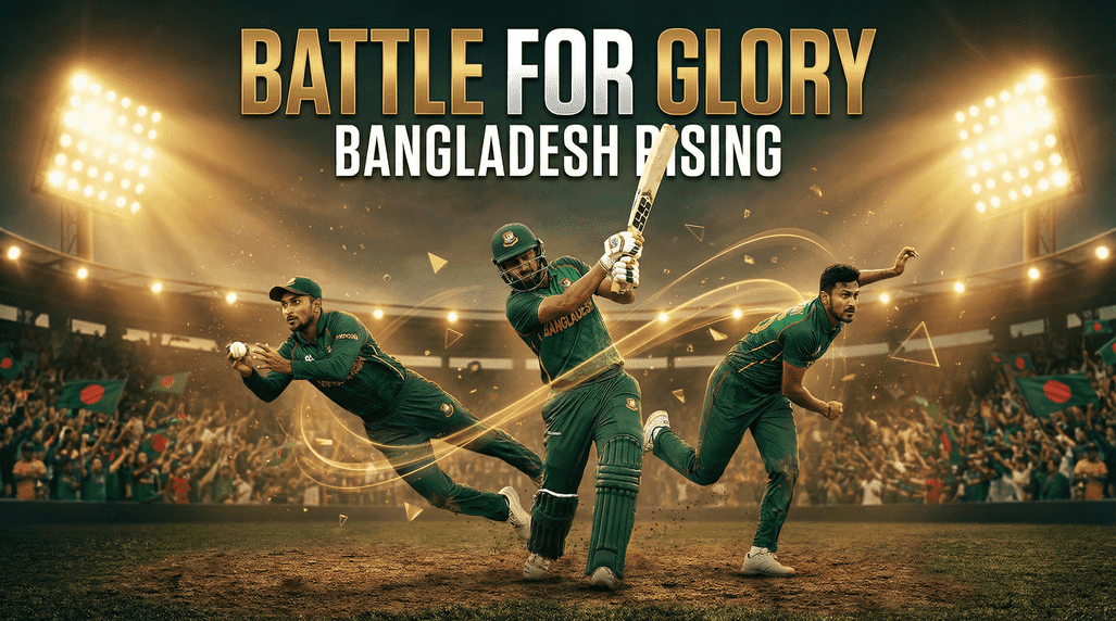 Bangladesh national cricket players celebrating an on-field moment during the Bangladesh Home Series 2026 inside a packed stadium