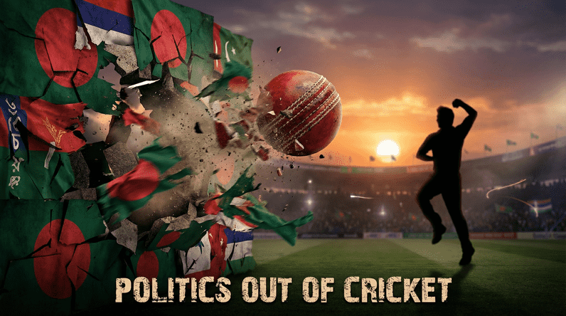 Cricket ball breaking through political flags wall symbolizing politics out of cricket message Bangladesh India Pakistan T20 World Cup 2026
