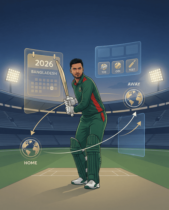 Editorial illustration of a Bangladesh cricket player in a stadium with visual elements showing the 2026 cricket schedule, including Test, ODI, and T20 formats, home and away tours.