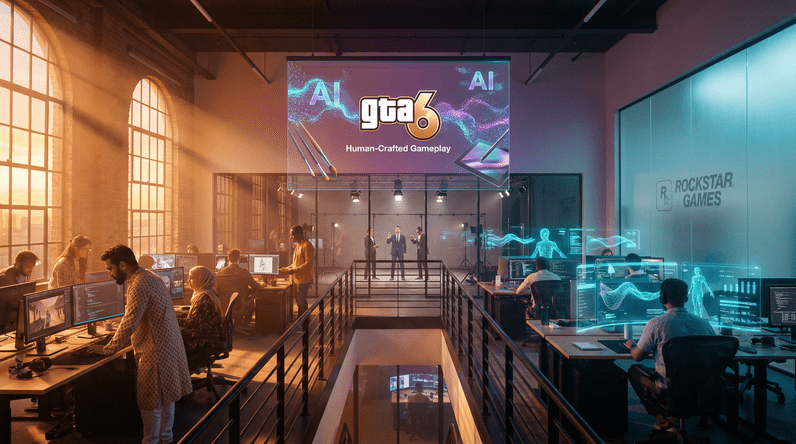 AAA game development studio with developers working on computers showing AI-assisted game production tools and holographic displays