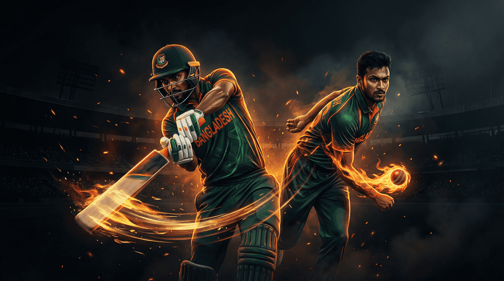 Action-themed poster of Bangladesh national cricket team players in dynamic batting and bowling poses with dramatic fire effects