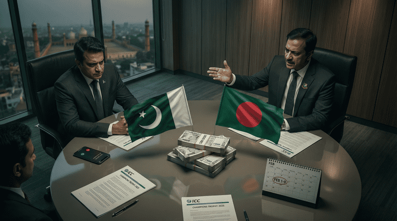 Overhead view negotiation table Pakistan Bangladesh flags ICC documents and money stacks representing solidarity breaking under financial pressure nine-day reversal