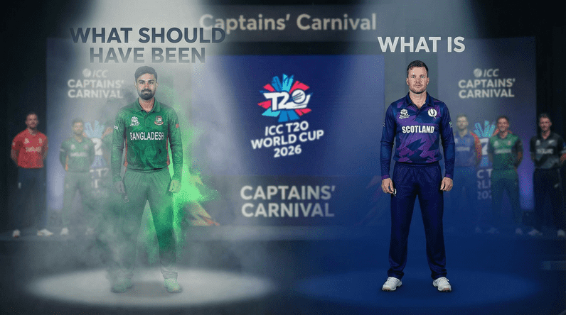 Litton Das Bangladesh captain fading ghost silhouette versus Richie Berrington Scotland captain solid Captains Carnival ICC T20 World Cup 2026 what should have been symbolic photo