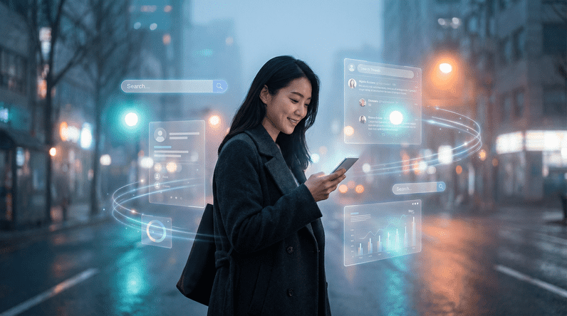 A woman using a smartphone in a city at night, reflecting how the term WINTK appears in online searches and discussions in Bangladesh