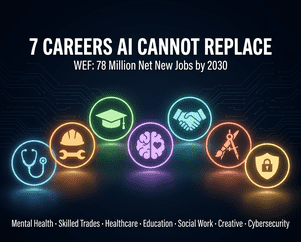 ২০২৬ সালে সাতটি AI-প্রতিরোধী ক্যারিয়ার — মানসিক স্বাস্থ্য, দক্ষ কারিগর, স্বাস্থ্যসেবা, শিক্ষা, সামাজিক কাজ, সৃজনশীল কাজ ও সাইবারসিকিউরিটি — WEF ও IMF তথ্যের ভিত্তিতে।