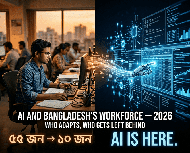 বাংলাদেশি BPO কর্মী ও AI অটোমেশনের প্রতীক একই ফ্রেমে, ২০২৬ সালে এন্ট্রি-লেভেল আইটি চাকরি প্রতিস্থাপনের বাস্তবতা তুলে ধরছে।