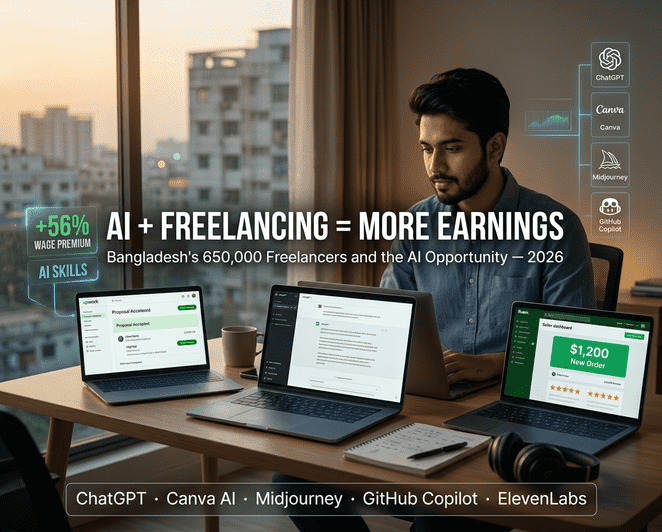বাংলাদেশি ফ্রিল্যান্সার ২০২৬-এ Upwork ও Fiverr-এ AI টুলস ব্যবহার করছেন, ChatGPT, Canva AI ও Midjourney দিয়ে বৈশ্বিক ৫৬% AI আয় প্রিমিয়ামের সুবিধা নিচ্ছেন।