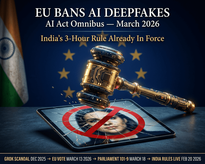 EU ১৩ মার্চ ২০২৬ AI Act Omnibus-এর অধীনে অসম্মতিভিত্তিক যৌন ডিপফেক তৈরিকারী AI সিস্টেম নিষিদ্ধের ভোট দেয়, একই সময়ে ভারতের ৩-ঘণ্টার ডিপফেক নিয়ম কার্যকর হয়।