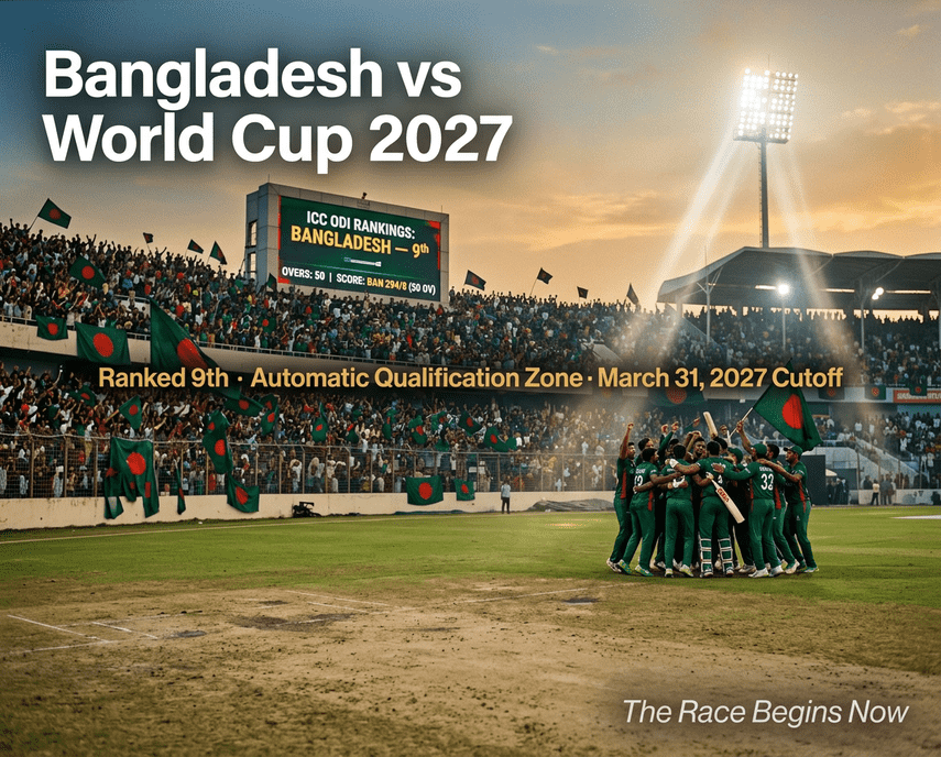 Bangladesh cricket team celebrating at Shere Bangla National Stadium — now ranked 9th in ICC ODI standings and in the automatic qualification zone for the 2027 Cricket World Cup