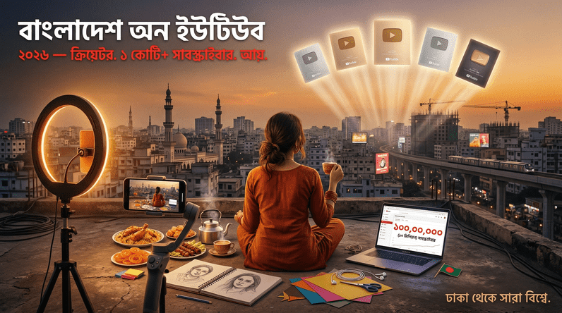 বাংলাদেশের শীর্ষ ইউটিউব ক্রিয়েটর ২০২৬ — ঢাকার ছাদে কন্টেন্ট ক্রিয়েটর, চারপাশে খাবার, স্কেচবুক, ক্র্যাফট সামগ্রী এবং আকাশে ভাসমান ইউটিউব প্লে বাটন