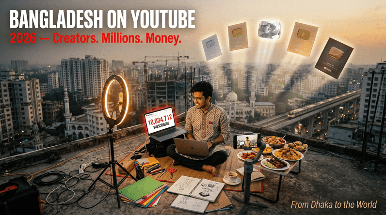 Top Bangladeshi YouTube creators 2026 — Dhaka rooftop content creator surrounded by food, art supplies, and glowing YouTube play buttons against the city skyline
