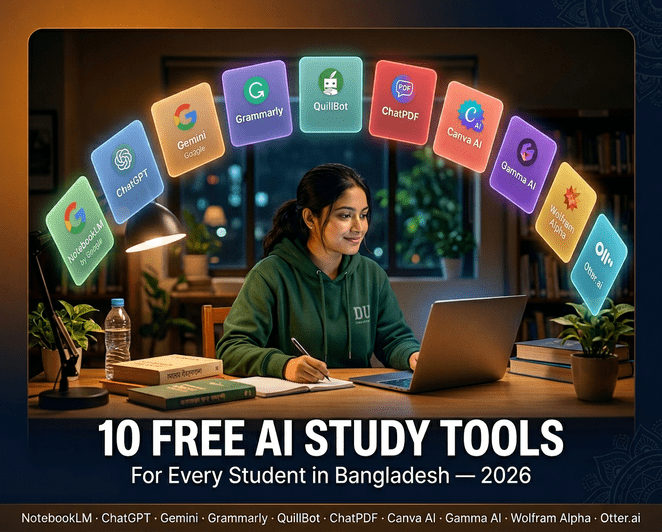বাংলাদেশি শিক্ষার্থী ২০২৬ সালে NotebookLM, ChatGPT, Grammarly ও Canva AI সহ ১০টি ফ্রি AI টুল ব্যবহার করে পড়াশোনা, লেখা ও প্রেজেন্টেশন তৈরি করছেন।