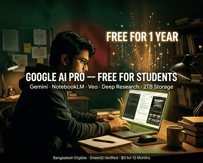 বাংলাদেশি শিক্ষার্থী শিক্ষার্থী যাচাইয়ের মাধ্যমে বিনামূল্যে Google AI Pro অ্যাক্সেস করছেন — ১২ মাসের জন্য Gemini, NotebookLM ও Veo।