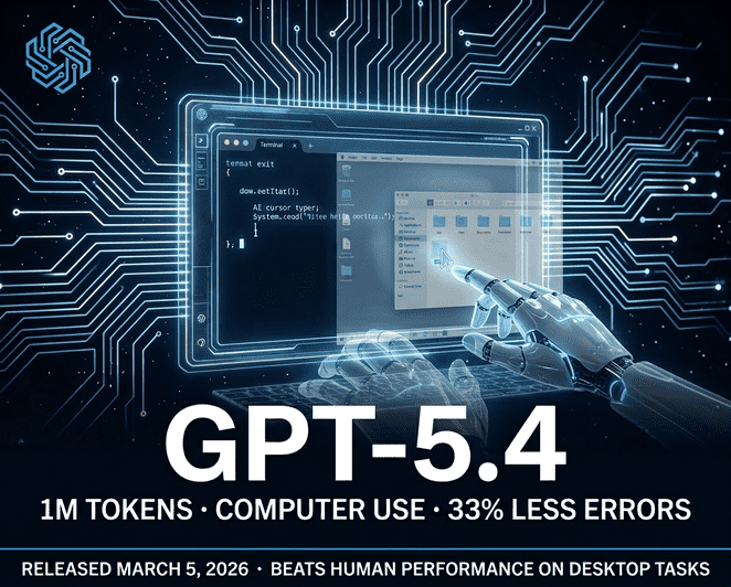 ওপেনএআইয়ের GPT-5.4 মডেলের কম্পিউটার ইউজ ও ১ মিলিয়ন টোকেন কনটেক্সট উইন্ডো ফিচার, ৫ মার্চ ২০২৬-এ প্রকাশিত।
