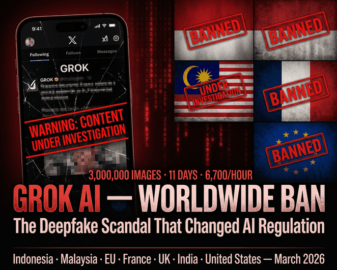 অসম্মতিভিত্তিক ডিপফেক ছবির কারণে ২০২৬ সালে ইন্দোনেশিয়া ও মালয়েশিয়ায় Grok AI নিষিদ্ধ হয়, বিশ্বজুড়ে তদন্ত ও EU-তে নতুন আইন পাস হয়।