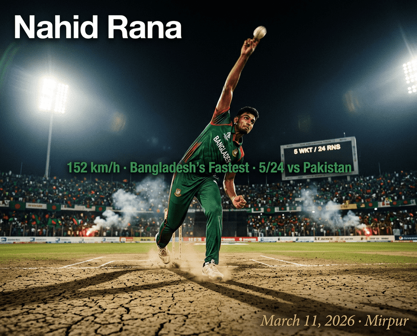 Nahid Rana in his delivery stride at Mirpur under floodlights — Bangladesh's record-holder at 152 km/h claiming 5/24 against Pakistan in the 1st ODI, March 2026