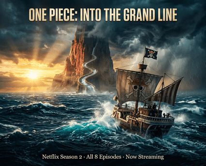 One Piece Season 2 Into the Grand Line on Netflix: Luffy's Straw Hat Pirates sail toward the Grand Line in the March 10, 2026 eight-episode season that hit No. 1 globally.