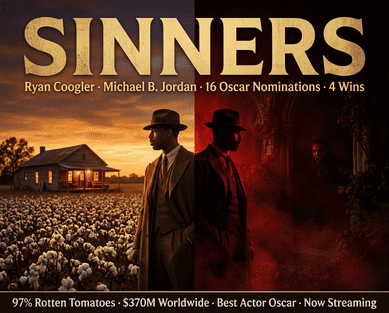 Sinners 2025 poster concept showing the dual nature of Ryan Coogler's film — warm 1930s Mississippi Delta atmosphere versus vampire horror — the film that earned Michael B. Jordan his first Oscar.