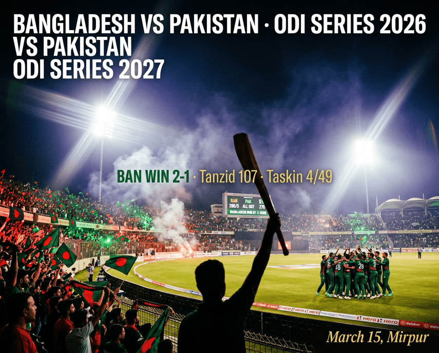Bangladesh players celebrating at Shere Bangla National Stadium after winning the ODI series against Pakistan 2-1 in Mirpur on March 15, 2026