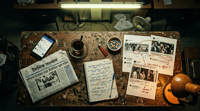A cluttered newsroom desk at 2am covered in Bengali newspapers, printed screenshots with red pen markings, a cracked phone showing a Facebook feed, and cold tea — the exhausting reality of fact-checking misinformation in Bangladesh