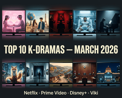 Top 10 K-dramas March 2026: grid covering Boyfriend on Demand, Siren's Kiss, Climax, Can This Love Be Translated and more across Netflix, Prime Video and Disney Plus.
