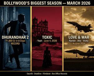 Bollywood March 2026: Dhurandhar 2 broke box office records solo, Toxic (Yash) moved to June 4, and Love & War (SLB, Ranbir, Alia, Vicky) postponed to August 2026.