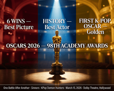 Gold Oscar statuette representing the 2026 Academy Awards winners — One Battle After Another (Best Picture), Michael B. Jordan (Best Actor for Sinners), and KPop Demon Hunters (first K-pop Oscar win).