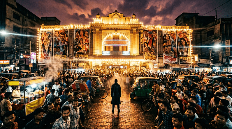 A lone silhouetted figure stands before a blazing Dhaka cinema hall at night, surrounded by thousands of excited moviegoers — capturing the electric atmosphere of Dhallywood's biggest Eid release season in 2026