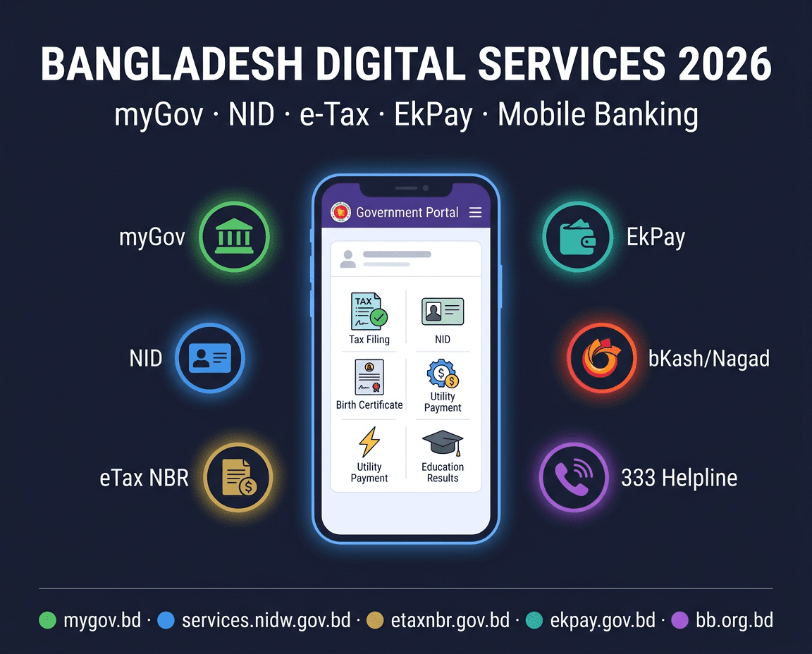বাংলাদেশ ডিজিটাল সেবা ২০২৬: myGov পোর্টাল, NID সেবা, ৪০ লক্ষ+ রিটার্ন সহ ই-ট্যাক্স ফাইলিং, EkPay পেমেন্ট, bKash Nagad মোবাইল ব্যাংকিং, 333 হেল্পলাইন।