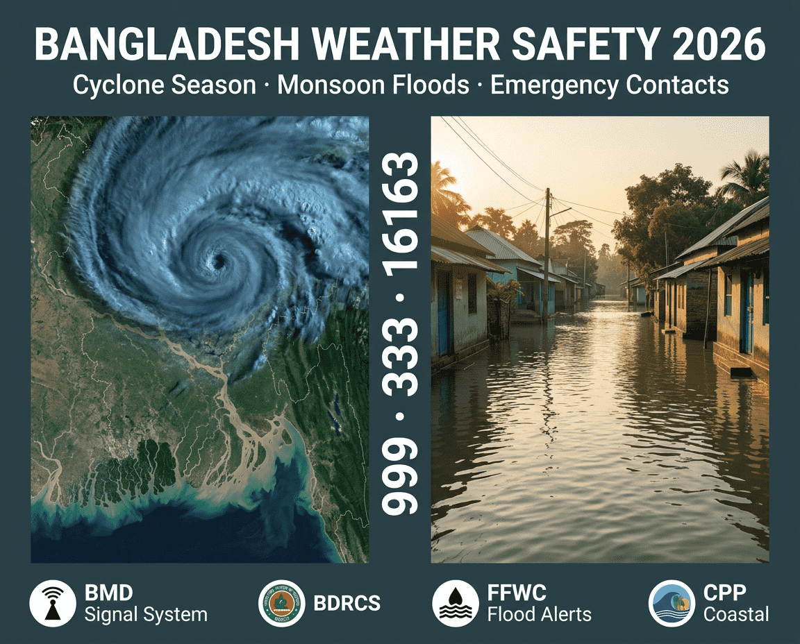 বাংলাদেশ আবহাওয়া ২০২৬: ঘূর্ণিঝড় এপ্রিল–জুন ও অক্টোবর–নভেম্বর, বর্ষা মে শেষ–জুন, জরুরি ৯৯৯ ৩৩৩।