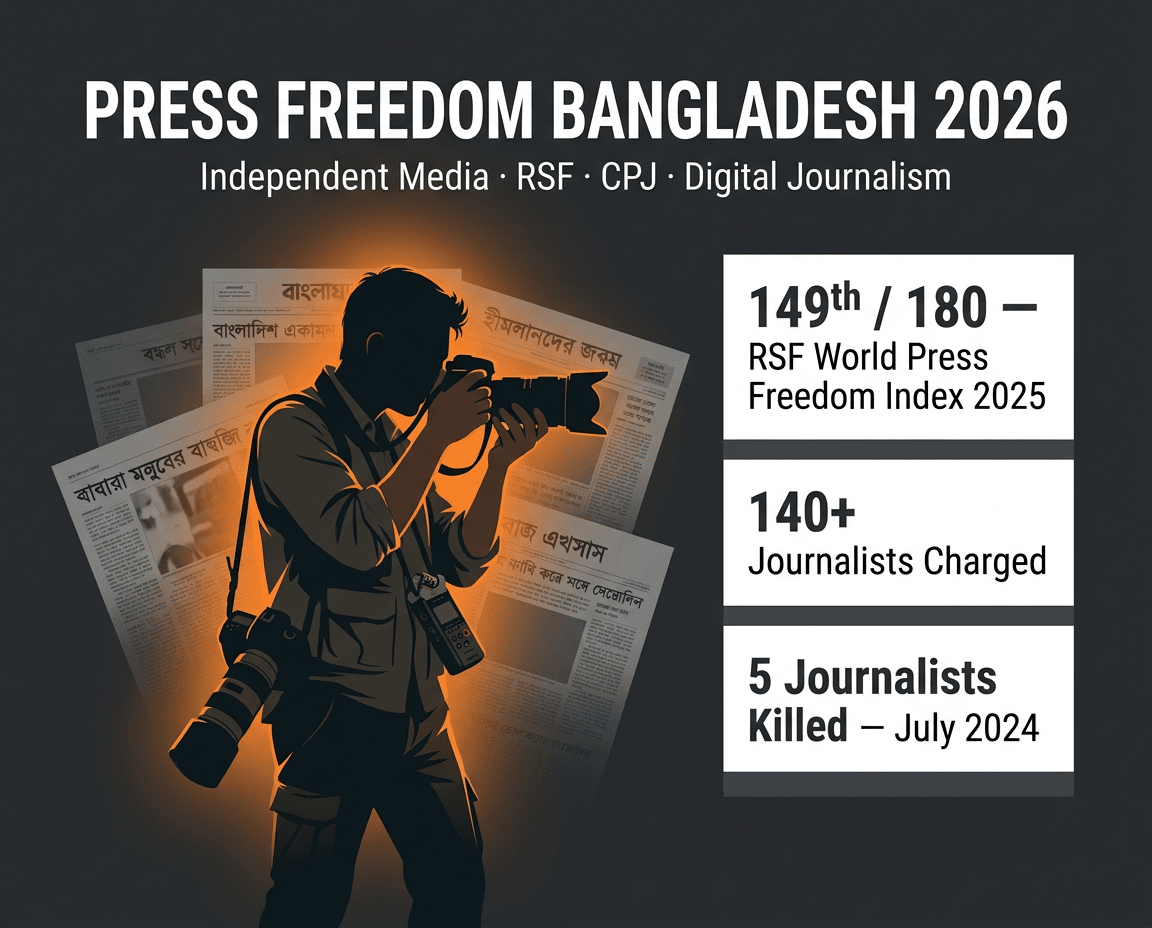 বাংলাদেশ সংবাদমাধ্যম স্বাধীনতা ২০২৬: RSF র‍্যাংকিং ১৪৯তম/১৮০, ১৪০+ সাংবাদিক অভিযোগে, জুলাই ২০২৪-এ ৫ নিহত, CPJ পিএম তারেক রহমানকে চিঠি।