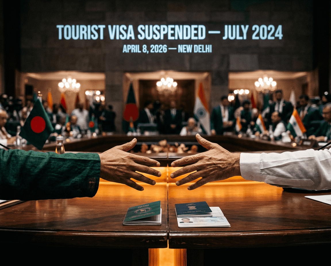 Bangladesh-India visa crisis 2026: FM Khalilur Rahman meets Jaishankar April 8 in New Delhi. Tourist visa suspended since July 2024; medical tourism severely affected.