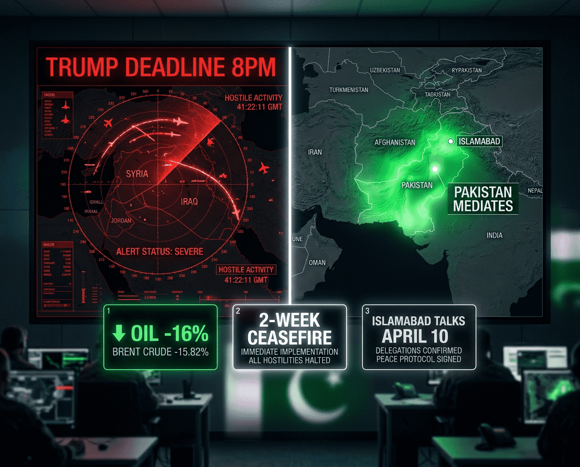 ইরান-মার্কিন ২ সপ্তাহের যুদ্ধবিরতি ৭ এপ্রিল ২০২৬: পাকিস্তান মধ্যস্থতা, হরমুজ প্রণালী খোলা, তেল ১৩-১৬% পড়েছে।